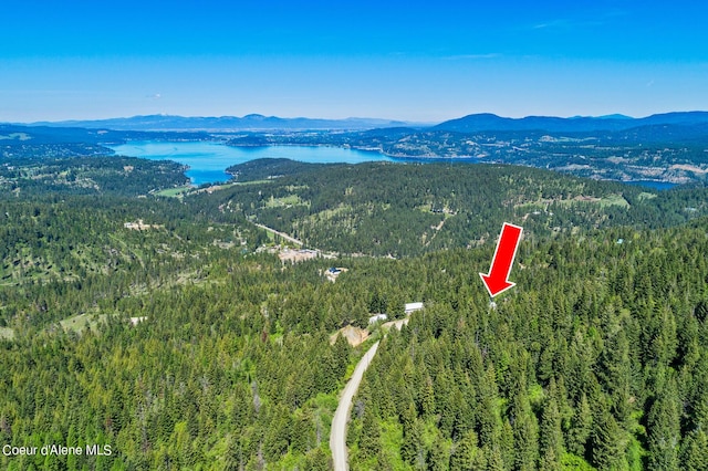 aerial view of a heavily wooded area and a water and mountain view