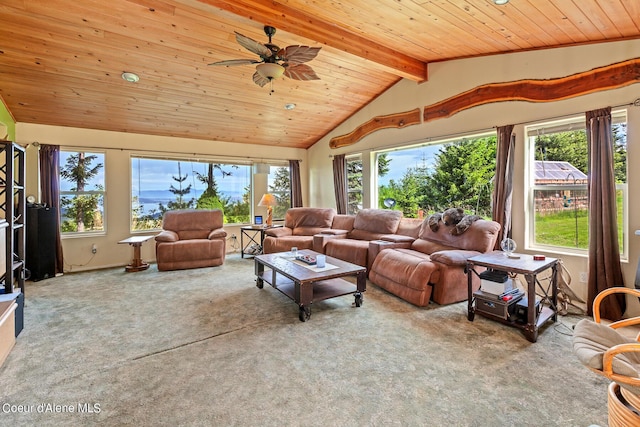 carpeted living area with plenty of natural light, wooden ceiling, and a ceiling fan