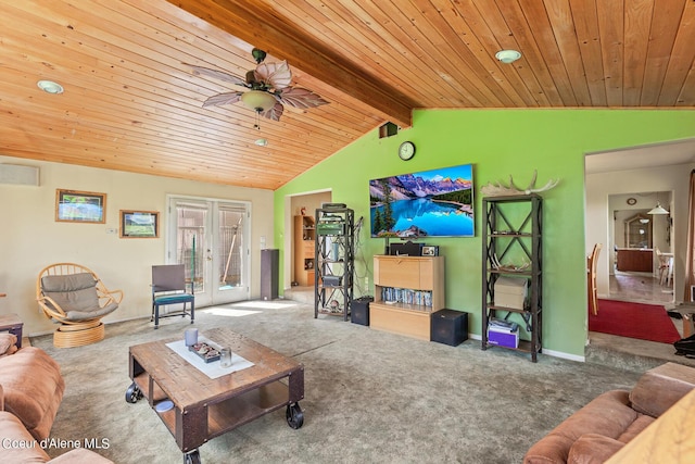 carpeted living area with wood ceiling, ceiling fan, and baseboards