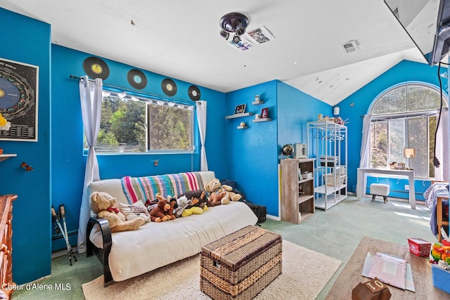 carpeted living room featuring lofted ceiling and a baseboard radiator