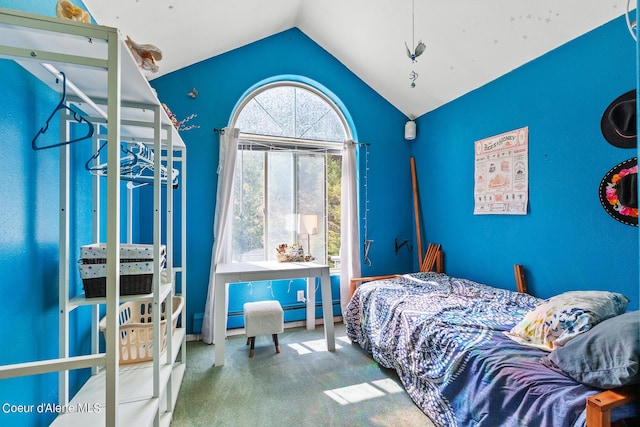 bedroom with carpet, lofted ceiling, and a baseboard heating unit