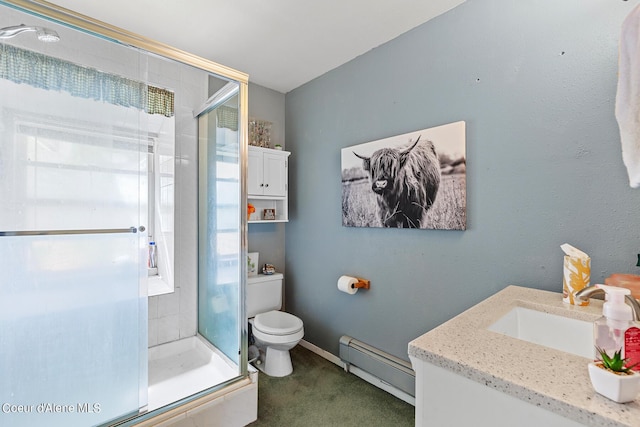 full bathroom with a baseboard heating unit, a shower stall, toilet, and healthy amount of natural light