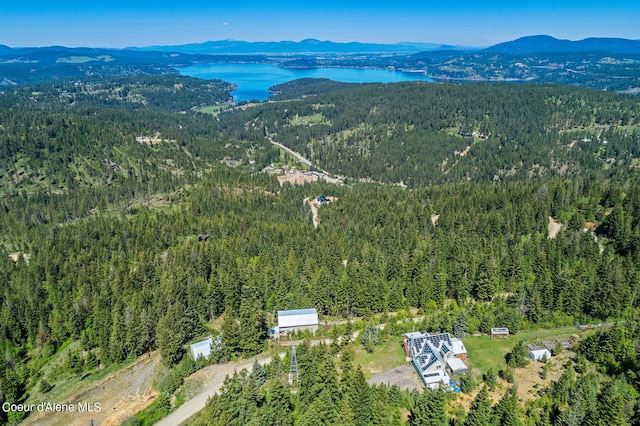aerial view of property's location featuring a forest and a water and mountain view