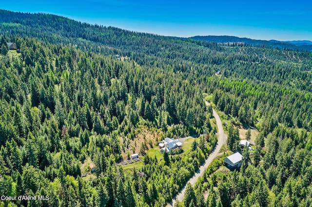 aerial view of a heavily wooded area and a mountain backdrop