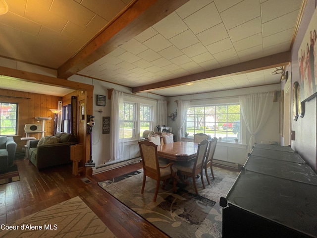 84 Highland Flats Rd, Naples, ID 83847 - dining space featuring a baseboard heating unit, hardwood / wood-style flooring, and beamed ceiling