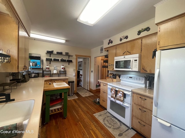 84 Highland Flats Rd, Naples, ID 83847 - kitchen featuring white appliances, light countertops, dark wood finished floors, a sink, and brown cabinetry