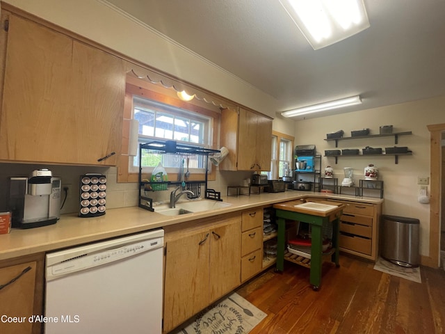 84 Highland Flats Rd, Naples, ID 83847 - kitchen featuring white dishwasher, a sink, dark wood finished floors, light countertops, and open shelves