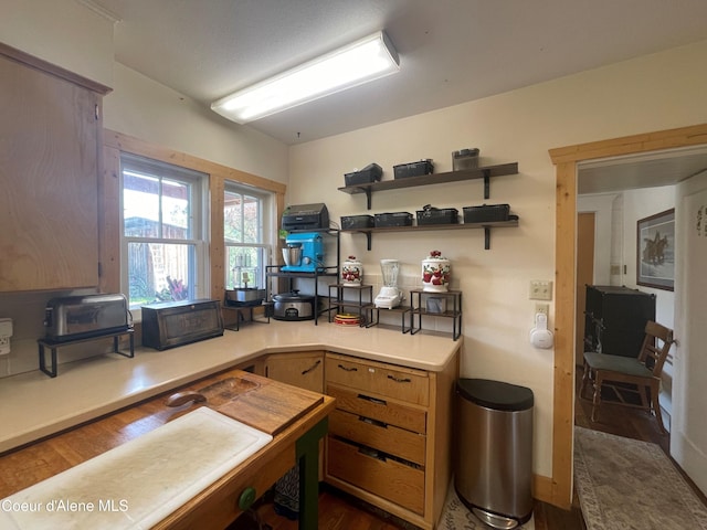 84 Highland Flats Rd, Naples, ID 83847 - kitchen featuring dark wood-type flooring, light countertops, and open shelves