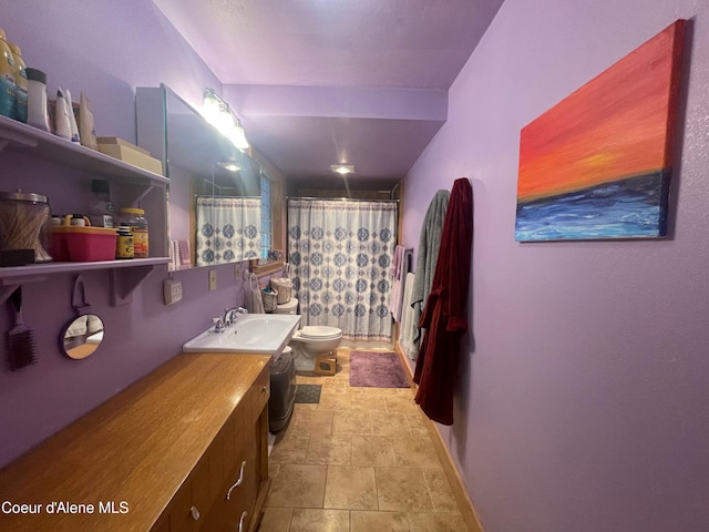 84 Highland Flats Rd, Naples, ID 83847 - bathroom with toilet, stone finish flooring, a shower with shower curtain, vanity, and baseboards