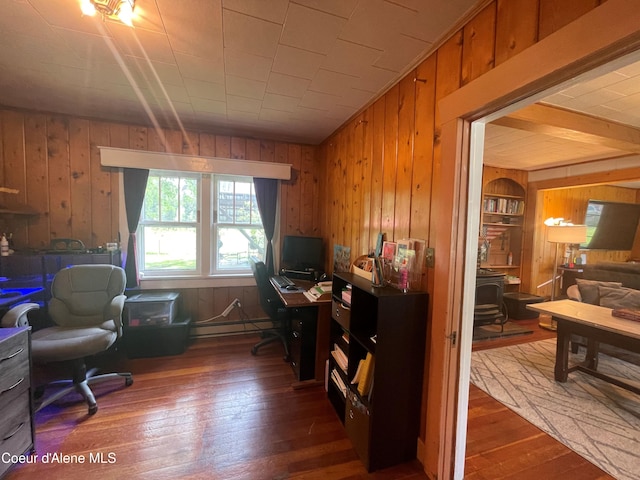 84 Highland Flats Rd, Naples, ID 83847 - office space featuring wood walls, a baseboard radiator, and dark wood-style flooring