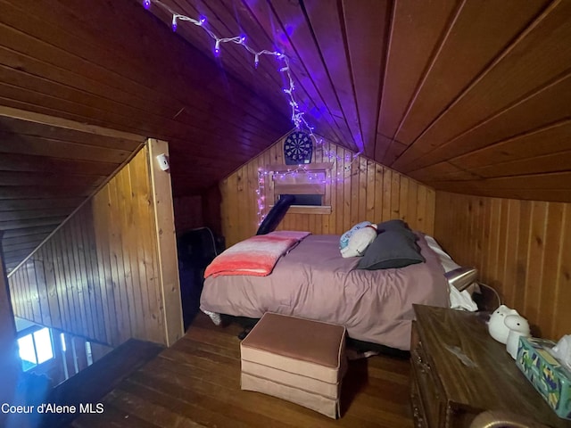 84 Highland Flats Rd, Naples, ID 83847 - bedroom with wood walls, wood-type flooring, lofted ceiling, and wooden ceiling