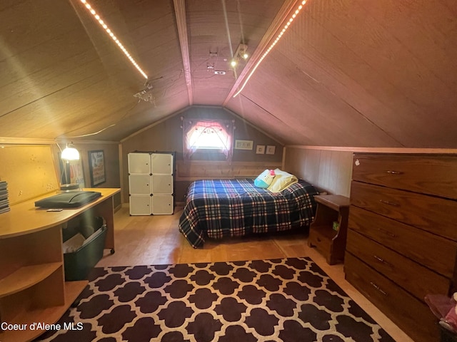 84 Highland Flats Rd, Naples, ID 83847 - bedroom with lofted ceiling, wooden ceiling, and wood walls