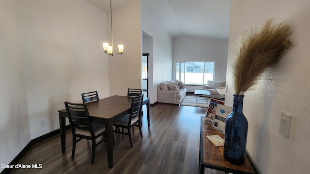 2941 N Wrenley Ln, Post Falls, ID 83854 - dining room featuring lofted ceiling, dark wood-type flooring, a chandelier, and baseboards