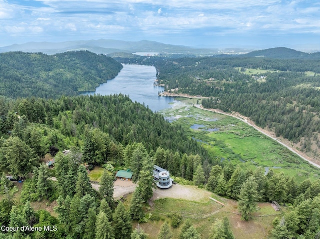 23 S Lightning Spur Ln, Coeur Dalene, ID 83814 - aerial overview of property's location with a heavily wooded area and a water and mountain view