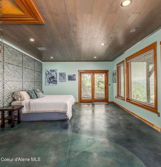 23 S Lightning Spur Ln, Coeur Dalene, ID 83814 - bedroom featuring recessed lighting, wood ceiling, access to exterior, finished concrete floors, and baseboards