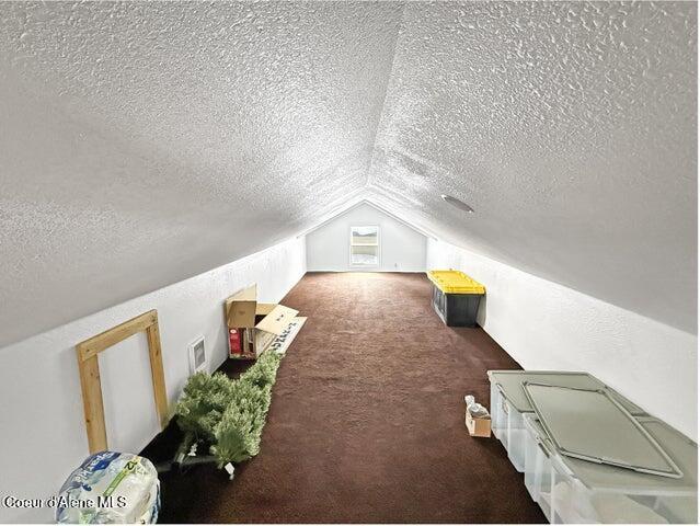 372 E Jefferson Ave, Priest River, ID 83856 - additional living space with a textured ceiling, vaulted ceiling, and carpet flooring
