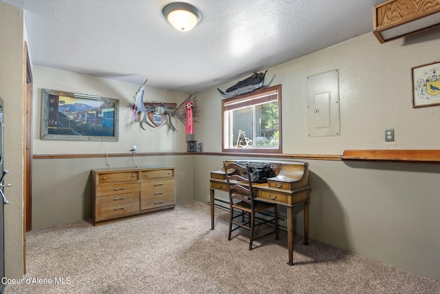 3470 W Seasons Rd, Rathdrum, ID 83858 - carpeted home office featuring electric panel and a textured ceiling