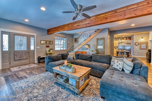 348 Kootenai Trail Rd, Naples, ID 83847 - living area featuring recessed lighting, wood finished floors, stairs, beamed ceiling, and a ceiling fan