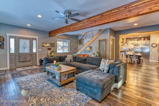 348 Kootenai Trail Rd, Naples, ID 83847 - living area featuring recessed lighting, a ceiling fan, beam ceiling, wood finished floors, and baseboards