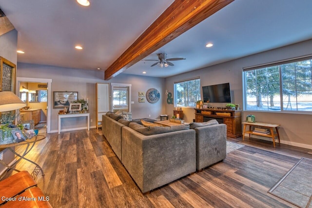 348 Kootenai Trail Rd, Naples, ID 83847 - living room with beam ceiling, wood finished floors, a ceiling fan, recessed lighting, and baseboards
