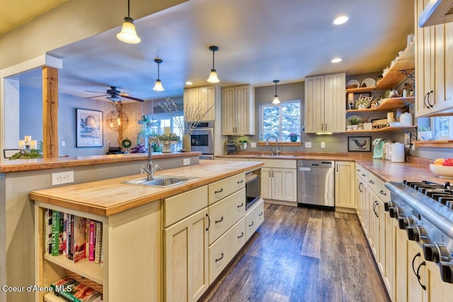 348 Kootenai Trail Rd, Naples, ID 83847 - kitchen featuring wood counters, appliances with stainless steel finishes, a sink, open shelves, and recessed lighting