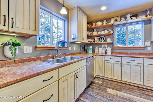 348 Kootenai Trail Rd, Naples, ID 83847 - kitchen with a sink, stainless steel dishwasher, wood finished floors, decorative light fixtures, and open shelves
