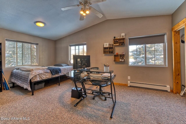 348 Kootenai Trail Rd, Naples, ID 83847 - carpeted bedroom featuring a baseboard heating unit, lofted ceiling, baseboards, and an office area
