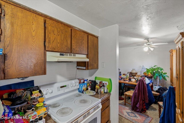 2707-2709 N 10th St, Coeur Dalene, ID 83815 - kitchen featuring white electric stove, under cabinet range hood, brown cabinets, ceiling fan, and a textured ceiling