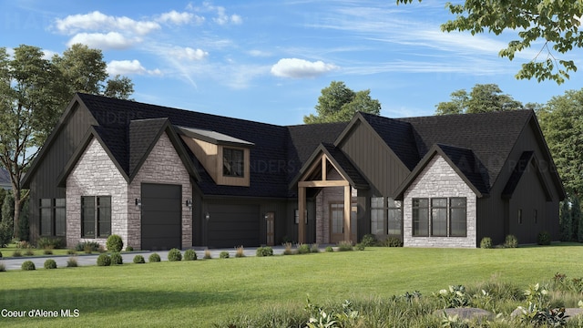 L2B5 E Winray Dr, Hayden, ID 83835 - view of front of home featuring stone siding, board and batten siding, a front lawn, a garage, and driveway