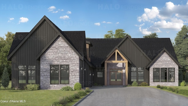 L2B5 E Winray Dr, Hayden, ID 83835 - view of front of home featuring board and batten siding, stone siding, roof with shingles, and a front yard