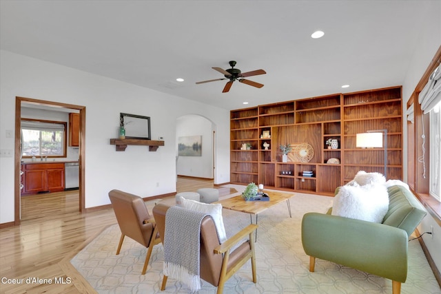 320 S River St, Rockford, WA 99030 - living area with baseboards, recessed lighting, arched walkways, built in features, and ceiling fan