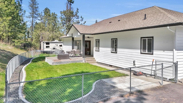 320 S River St, Rockford, WA 99030 - view of home's exterior featuring roof with shingles, ceiling fan, a wooden deck, and crawl space