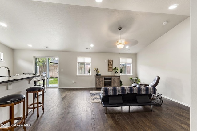18924 E Fredrick Ave, Otis Orchards, WA 99027 - living area with baseboards, dark wood finished floors, recessed lighting, and ceiling fan