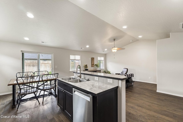 18924 E Fredrick Ave, Otis Orchards, WA 99027 - kitchen featuring dishwasher, a sink, dark wood finished floors, baseboards, and a center island with sink