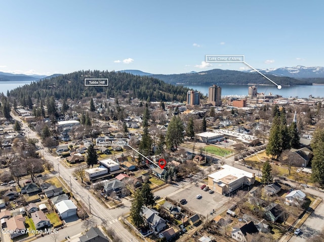 aerial view of property and surrounding area with a water and mountain view