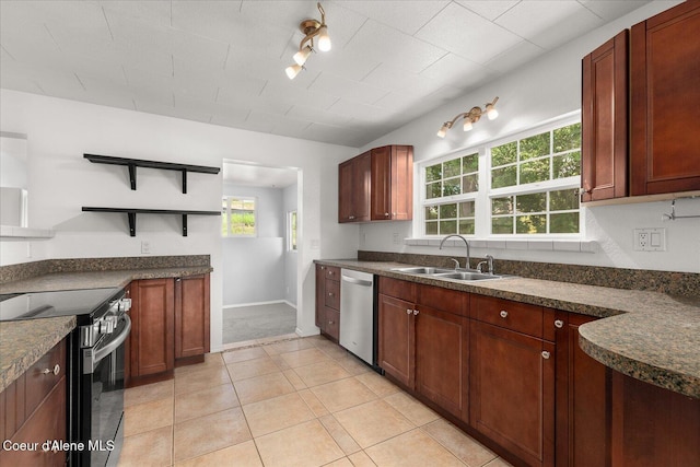 342 Summit Blvd, Priest River, ID 83856 - kitchen featuring a sink, stainless steel appliances, open shelves, and dark countertops