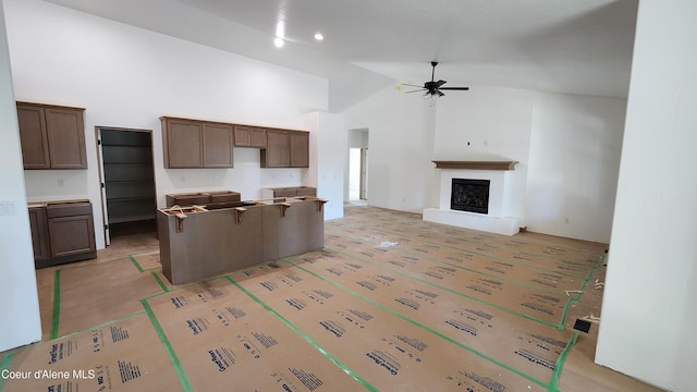 2060 E Plaza Ct, Post Falls, ID 83854 - kitchen with high vaulted ceiling, a ceiling fan, a center island, a fireplace with raised hearth, and open floor plan
