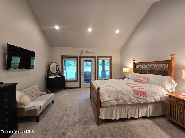 12552 N Walden Loop, Rathdrum, ID 83858 - bedroom featuring access to exterior, carpet floors, high vaulted ceiling, and recessed lighting