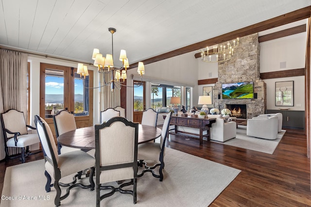 7783 S Buckrail Rd, Harrison, ID 83833 - dining room with a chandelier, dark wood finished floors, a fireplace, and wooden ceiling with exposed beams