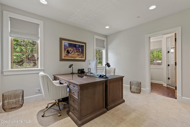 7783 S Buckrail Rd, Harrison, ID 83833 - office area with baseboards, light carpet, plenty of natural light, and recessed lighting