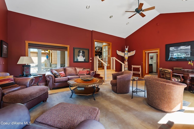 2672 Merril Martin Rd, Sagle, ID 83860 - living area with a ceiling fan, stairway, and high vaulted ceiling