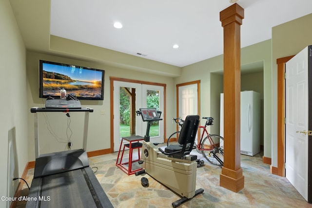 2672 Merril Martin Rd, Sagle, ID 83860 - exercise room with decorative columns, recessed lighting, and french doors