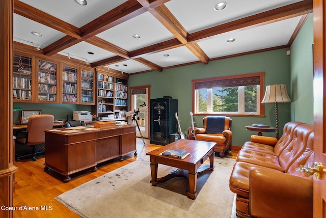 2672 Merril Martin Rd, Sagle, ID 83860 - office space with light wood finished floors, beam ceiling, recessed lighting, and coffered ceiling