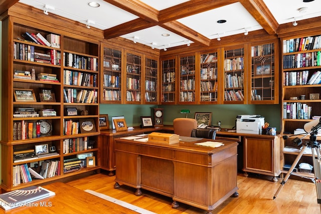 2672 Merril Martin Rd, Sagle, ID 83860 - home office featuring bookshelves, beamed ceiling, and coffered ceiling