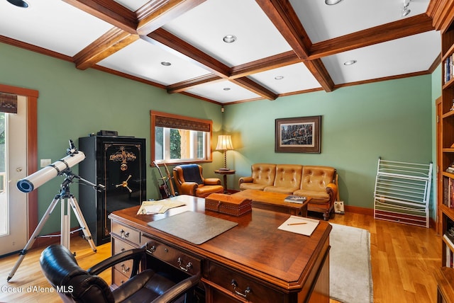 2672 Merril Martin Rd, Sagle, ID 83860 - office with coffered ceiling, light wood-style floors, beamed ceiling, recessed lighting, and crown molding