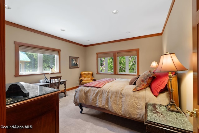 2672 Merril Martin Rd, Sagle, ID 83860 - bedroom with light colored carpet, multiple windows, crown molding, and recessed lighting