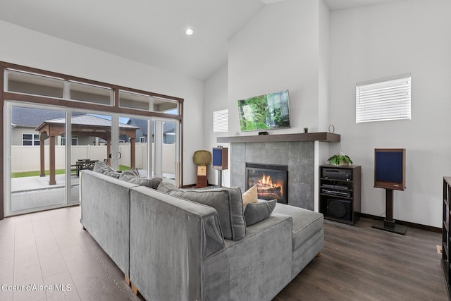 4463 E Marble Fox Ave, Post Falls, ID 83854 - living area with wood finished floors, a fireplace, high vaulted ceiling, baseboards, and recessed lighting