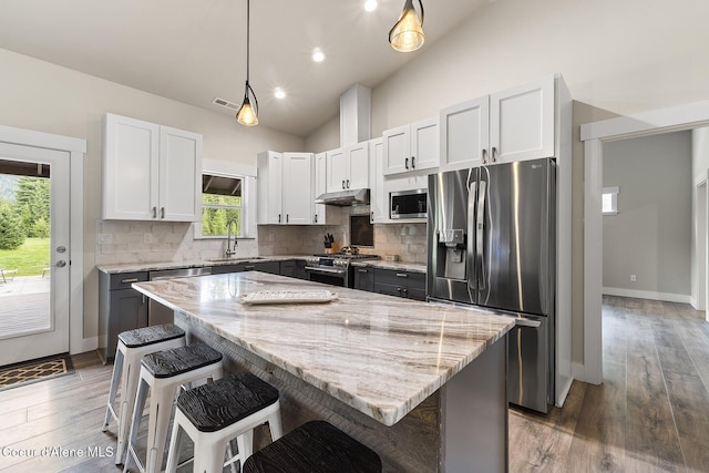 193 Grouse Rd, Sandpoint, ID 83864 - kitchen featuring stainless steel appliances, under cabinet range hood, a sink, light stone countertops, and decorative backsplash