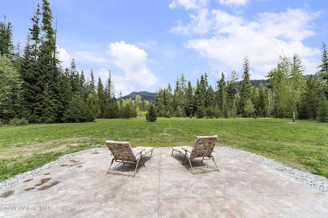 193 Grouse Rd, Sandpoint, ID 83864 - view of patio / terrace featuring a mountain view and a view of trees