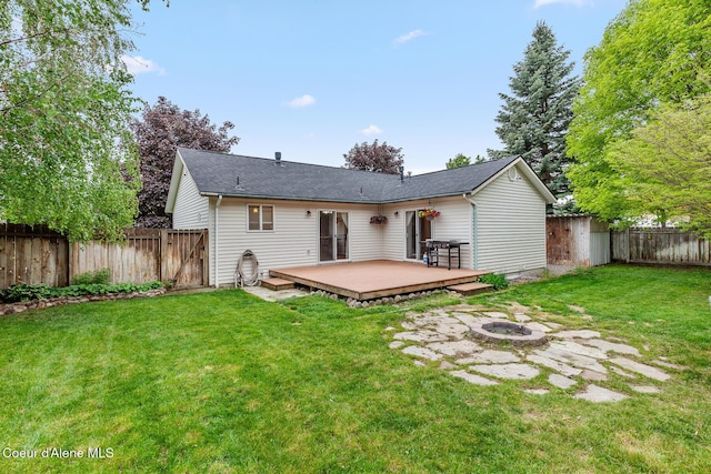 821 W Mustang Ave, Hayden, ID 83835 - rear view of property featuring a fire pit, a wooden deck, a shingled roof, and a gate